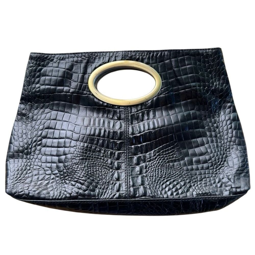 Vintage Y2K Kate Landry Black Croc Embossed Clutch Bag Gold Oval Handle